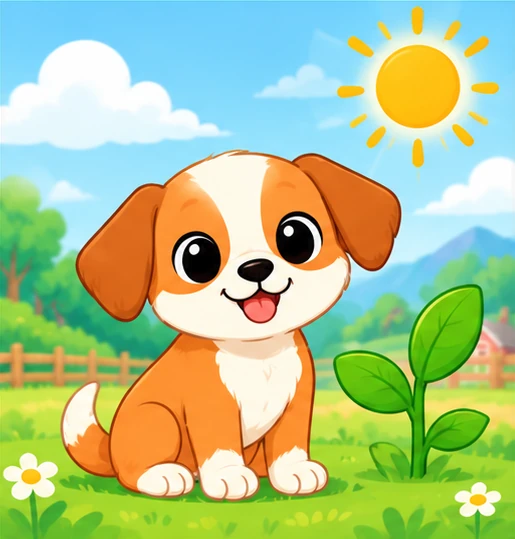 Friendly puppy sitting next to a sprouting plant