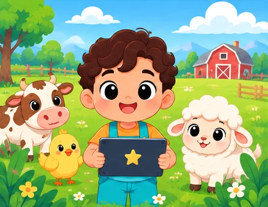 Child with friendly animals in a sunny farm garden