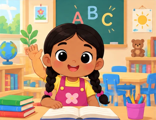 Child in a cheerful classroom full of numbers
